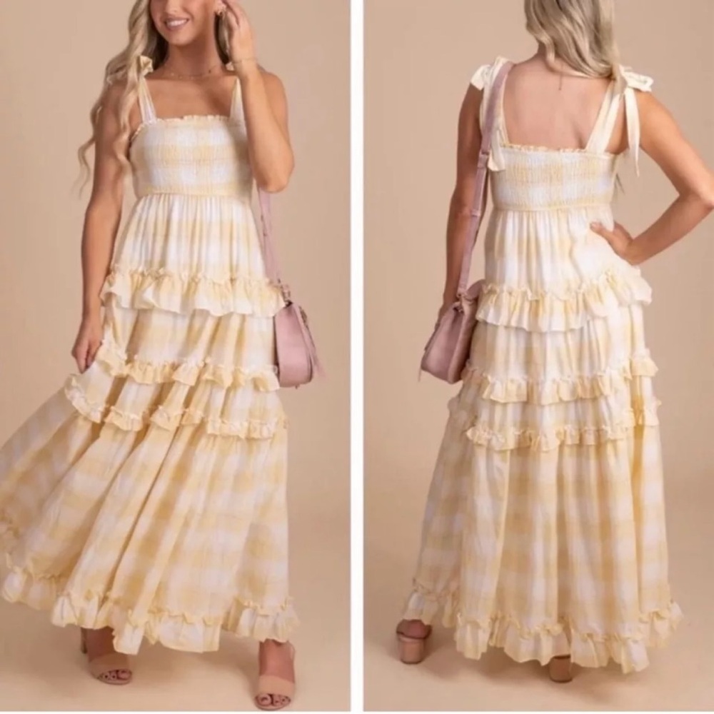 Storia Womens Sunny Days Tiered Plaid Ruffle Smocked Maxi Dress Sz Large Yellow